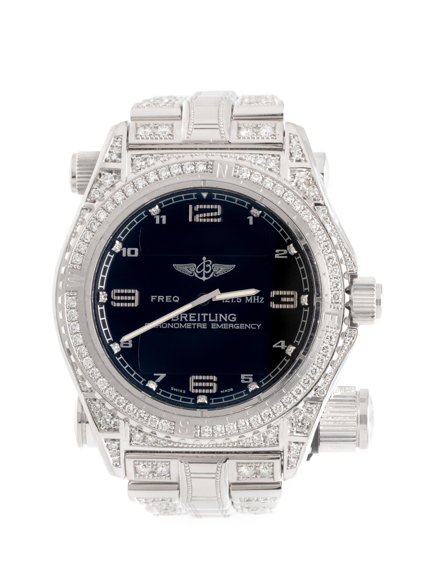 A RARE BREITLING, REF. J56321 18K WHITE GOLD AND DIAMOND LIMITED EDITION 'EMERGENCY' CHRONOGRAPH WRISTWATCH