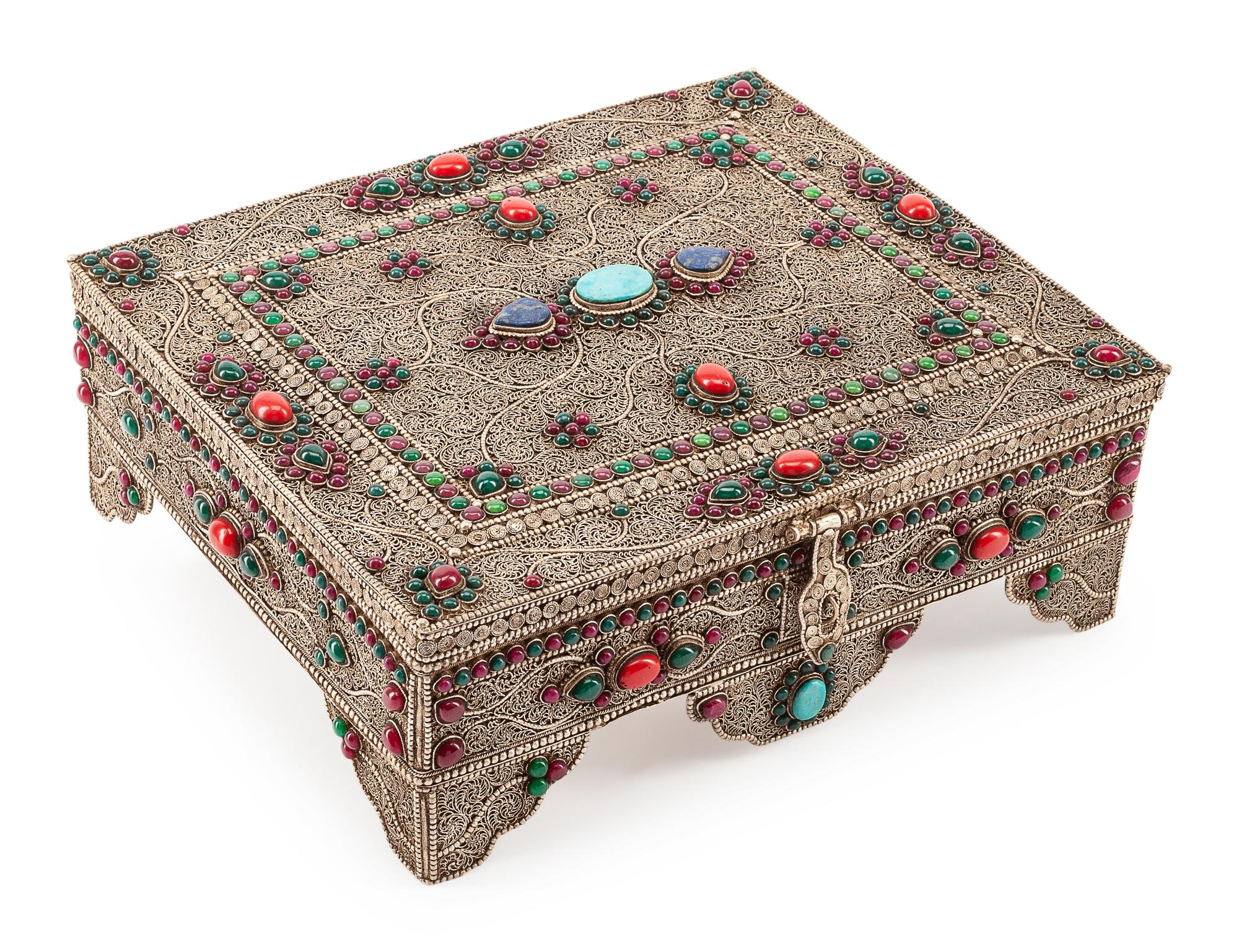 A Silver Filigree, Turquoise, Ruby and Enamel Box