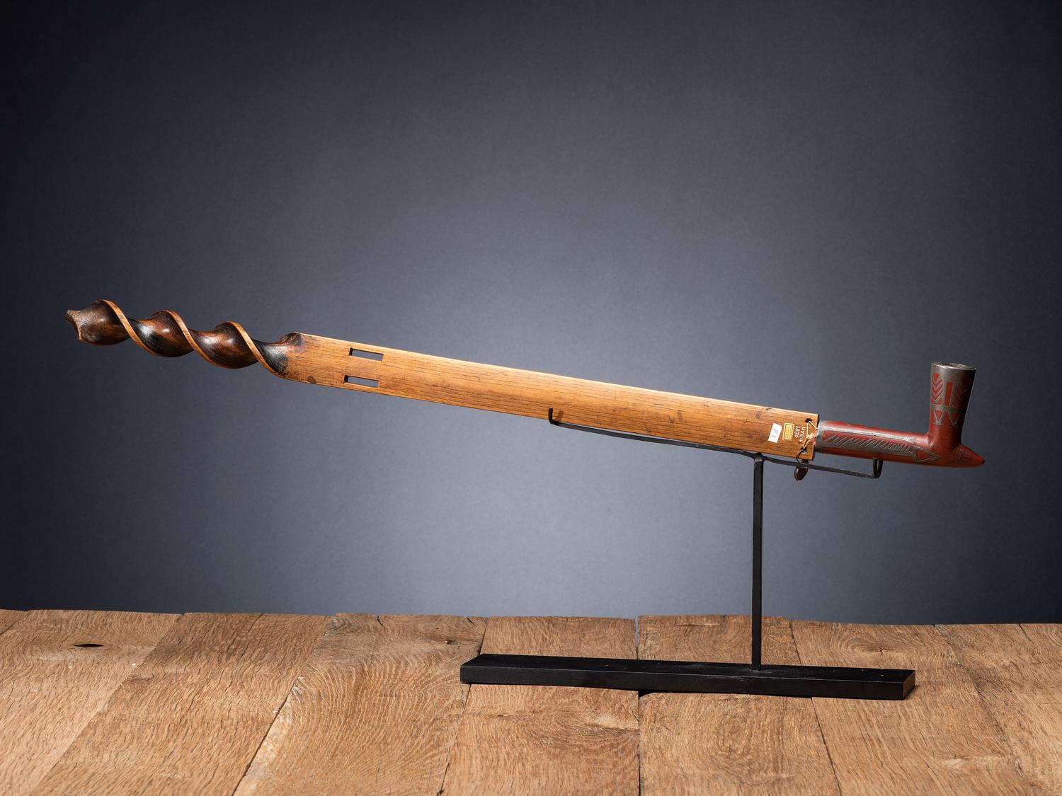 Western Great Lakes Twisted and Decorated Pipe Stem, with Inlaid Catlinite Bowl