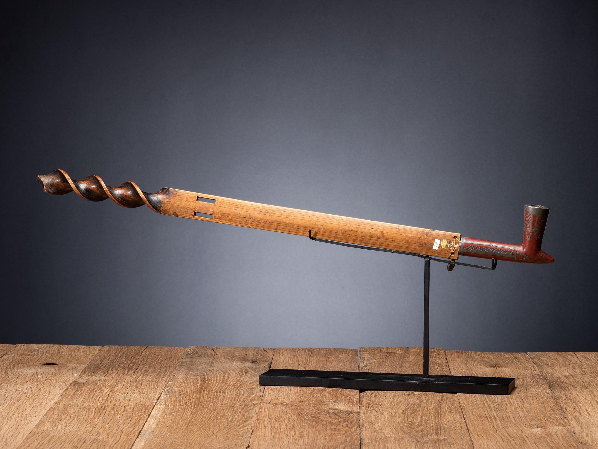Western Great Lakes Twisted and Decorated Pipe Stem, with Inlaid Catlinite Bowl