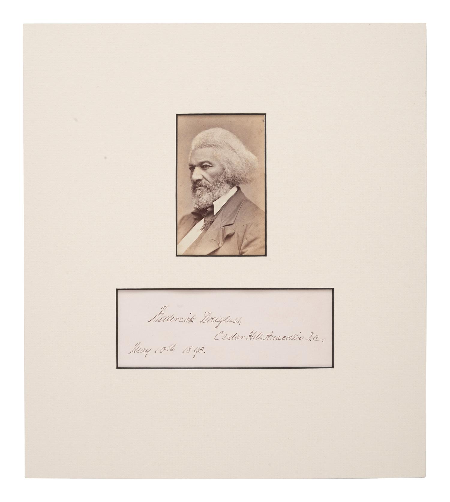 DOUGLASS, Frederick (1818-1895). CDV of Frederick Douglass. [ With: ] Signature ("Frederick Douglass"). Washington, D.C., 10 May 1893.
