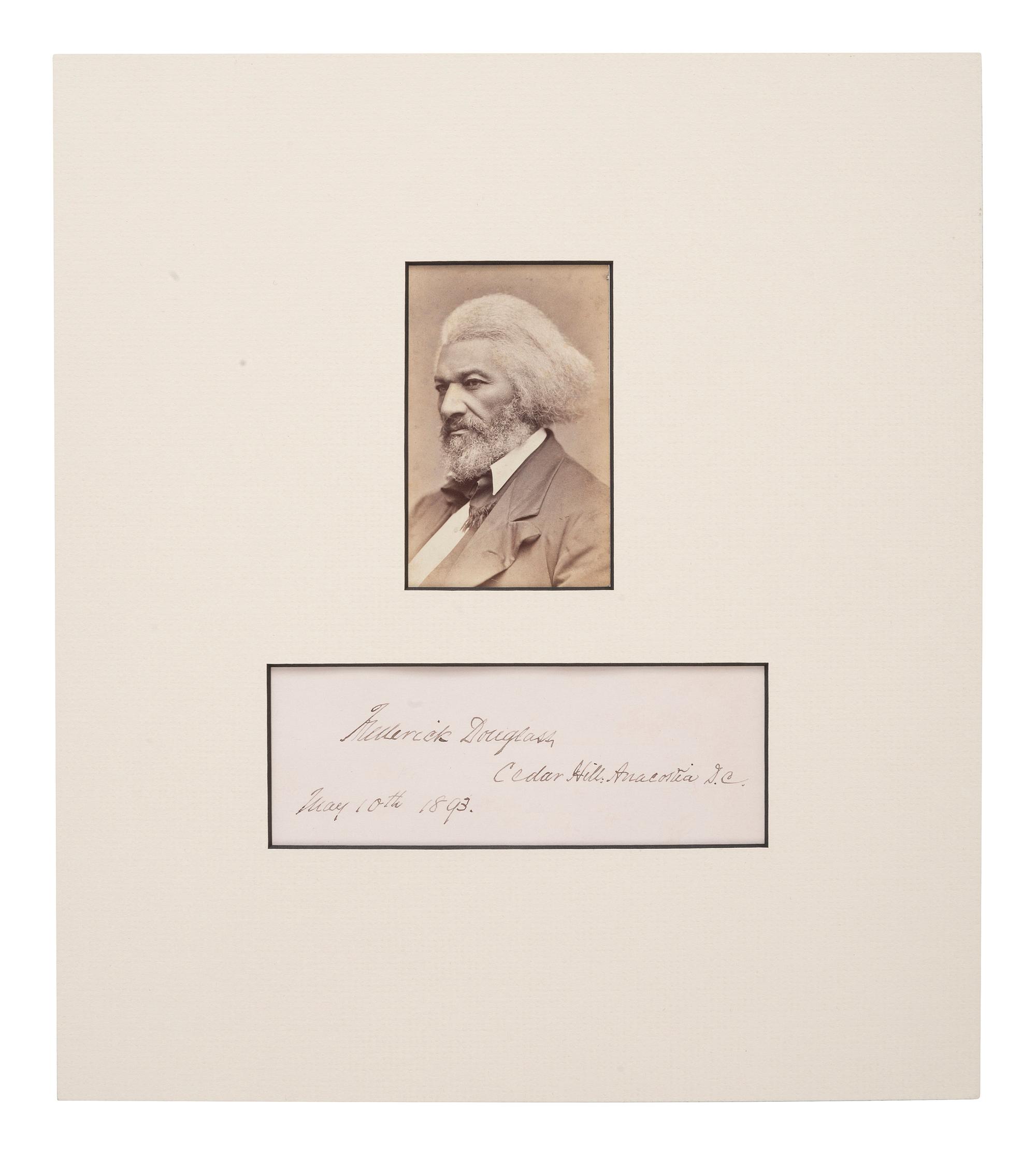 DOUGLASS, Frederick (1818-1895). CDV of Frederick Douglass. [ With: ] Signature ("Frederick Douglass"). Washington, D.C., 10 May 1893.