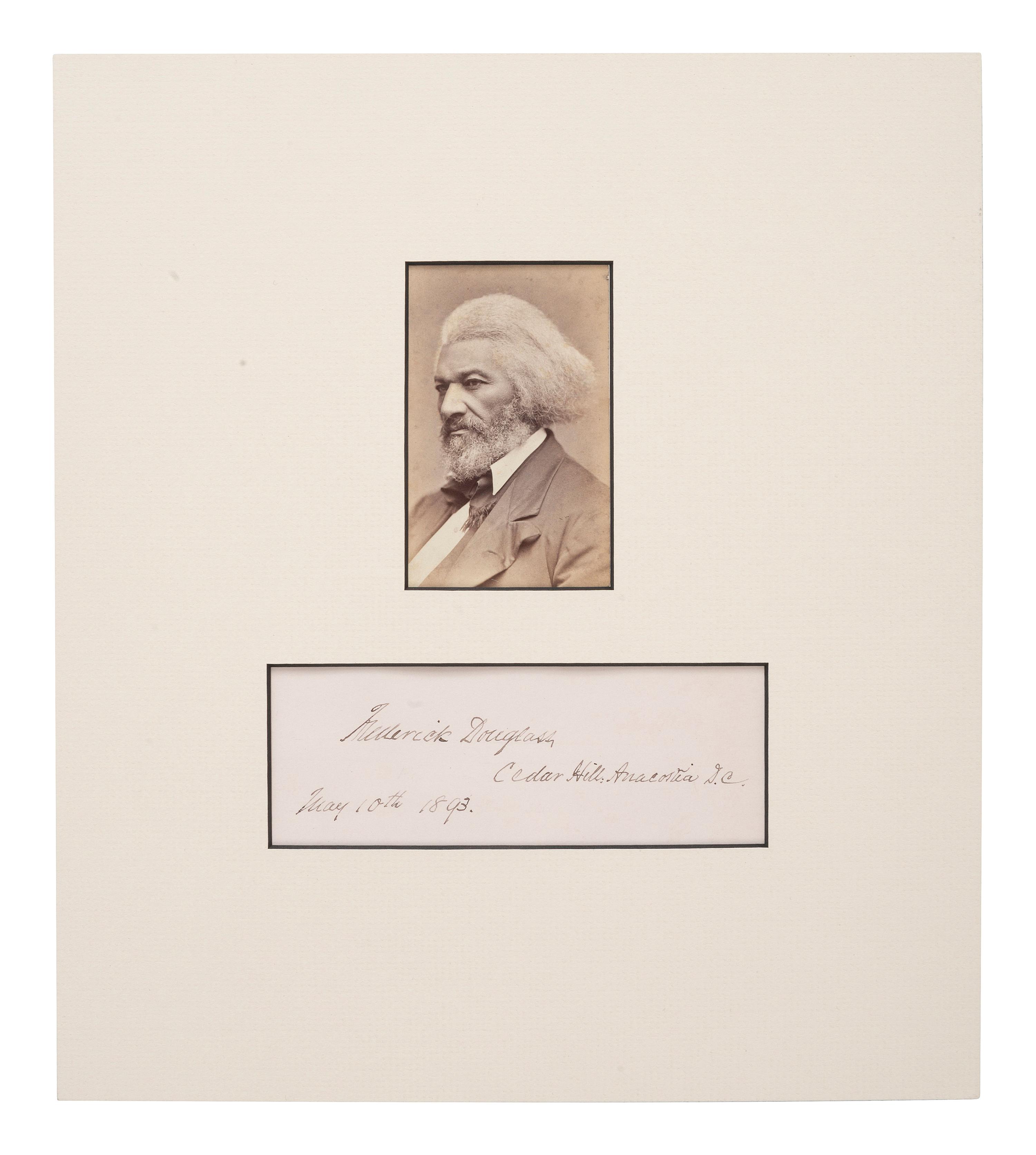 DOUGLASS, Frederick (1818-1895). CDV of Frederick Douglass. [ With: ] Signature ("Frederick Douglass"). Washington, D.C., 10 May 1893.
