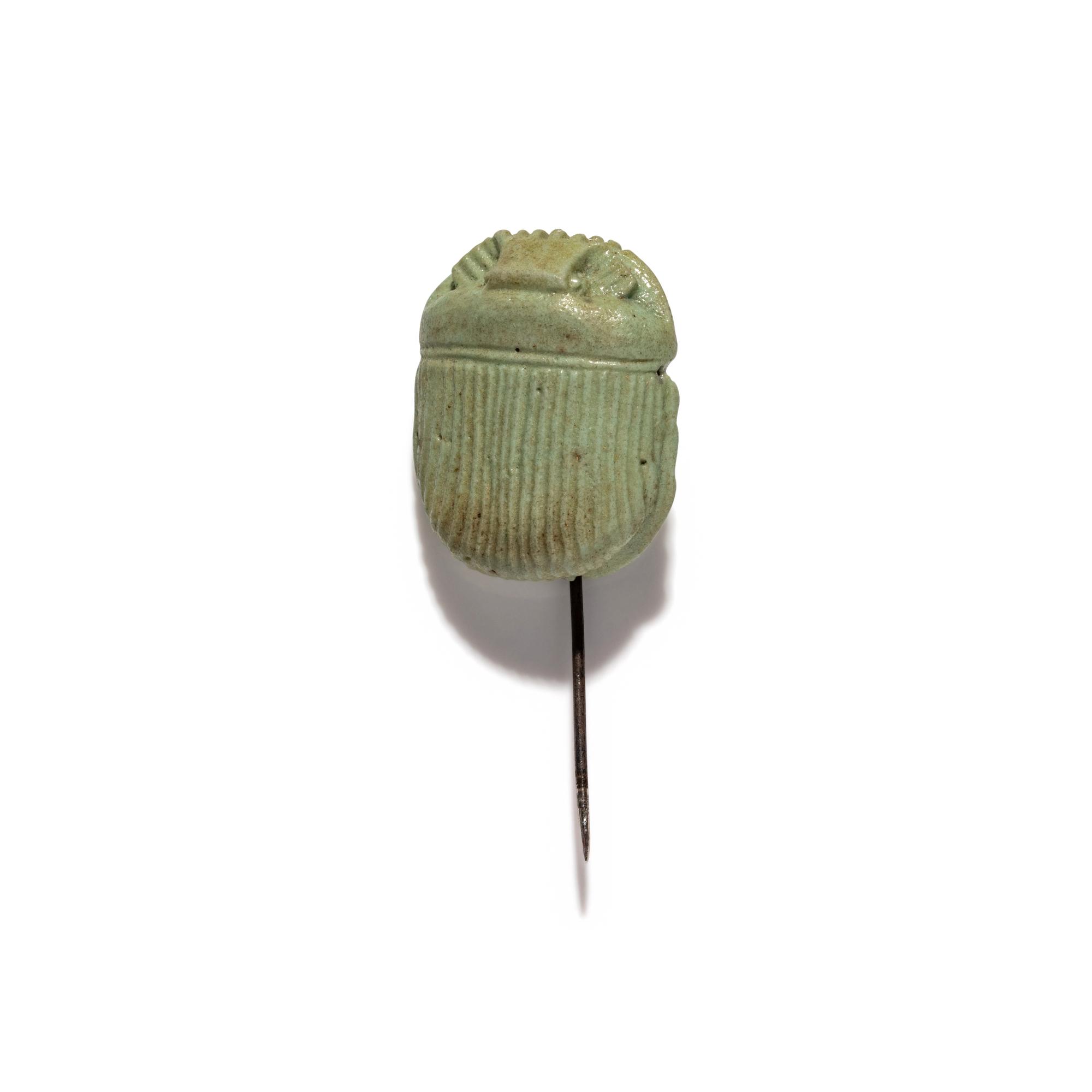 An Egyptian Faience Scarab — Set in a metal stickpin