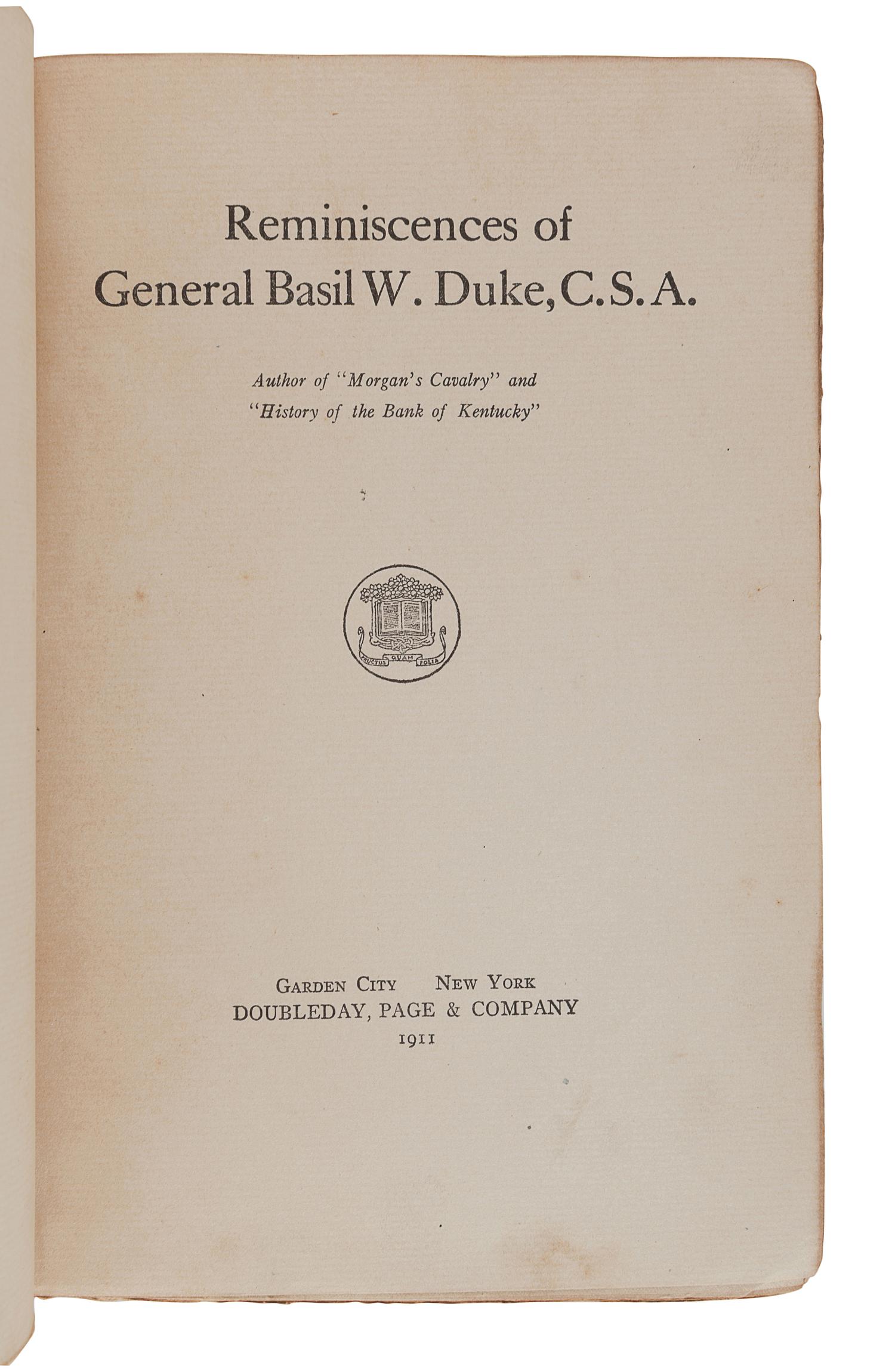 DUKE, Basil (1838-1916). 3 works in 3 volumes, including:
