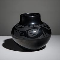 Maria Martinez and Popovi Da (San Ildefonso, 1887-1980 / 1923-1971) — Blackware Pottery Jar, with Avanyu April 1962