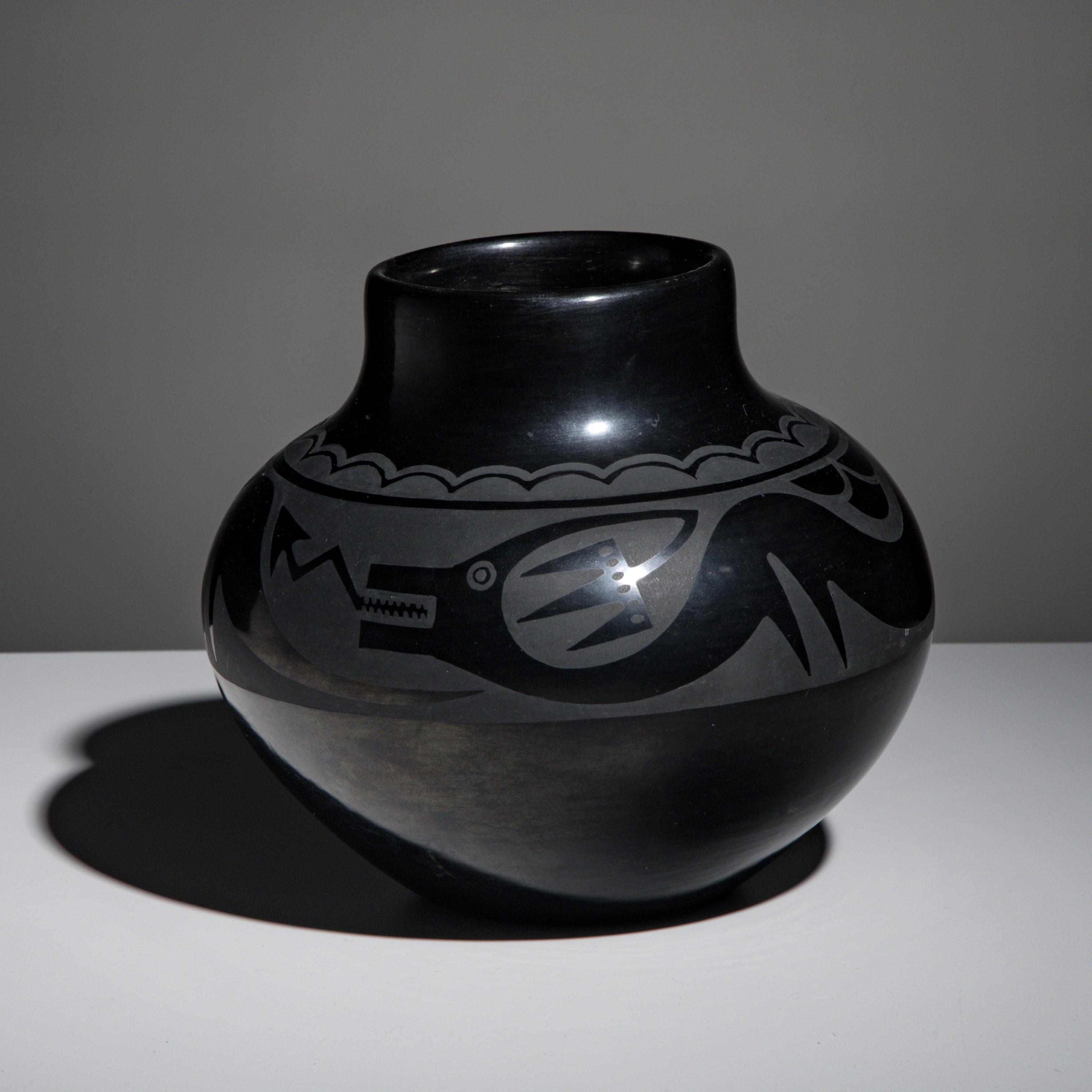 Maria Martinez and Popovi Da (San Ildefonso, 1887-1980 / 1923-1971) — Blackware Pottery Jar, with Avanyu April 1962