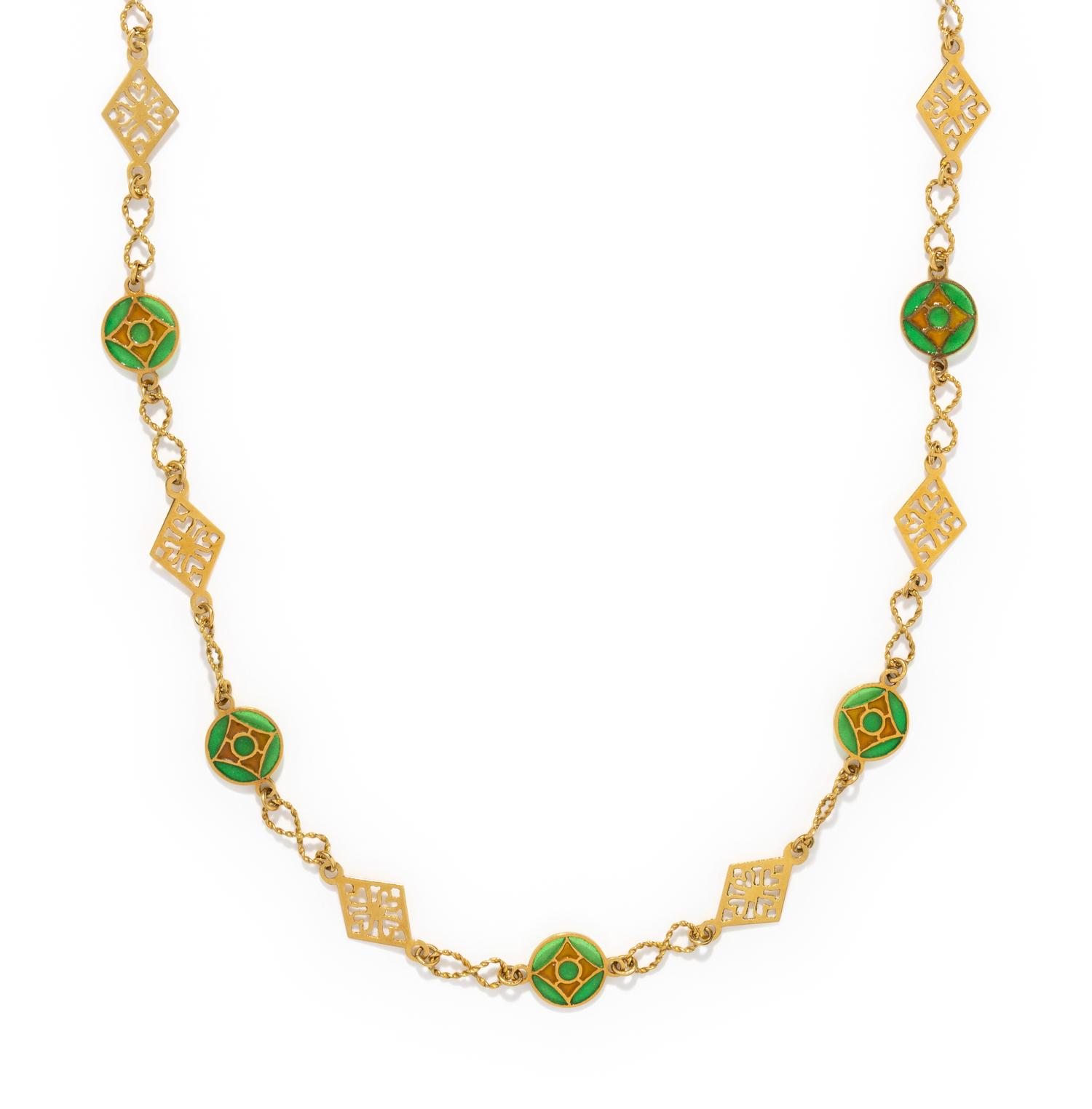 YELLOW GOLD AND PLIQUE-A-JOUR ENAMEL NECKLACE