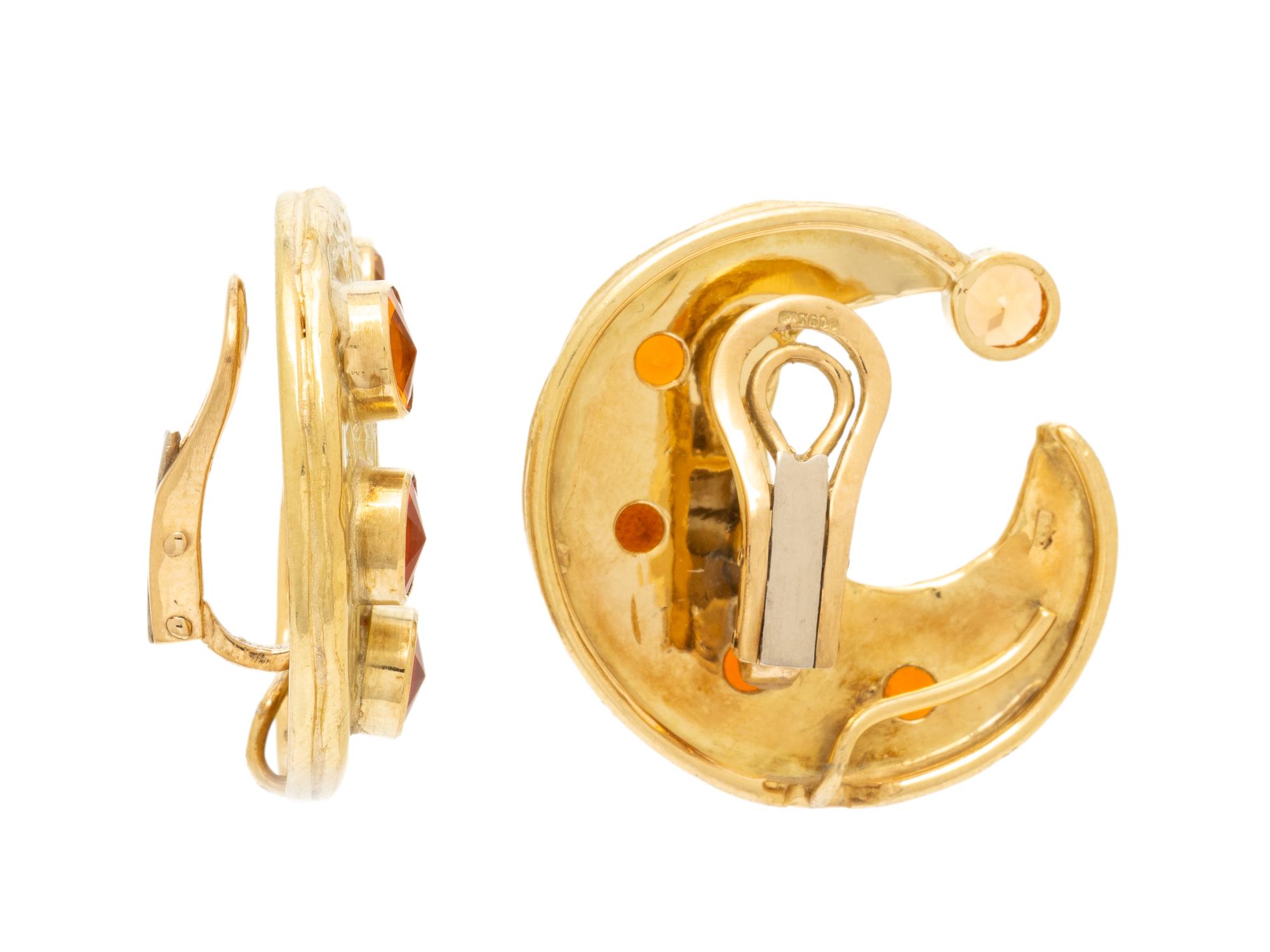 YELLOW GOLD, FIRE OPAL, AND GARNET CRESCENT MOON EARRINGS