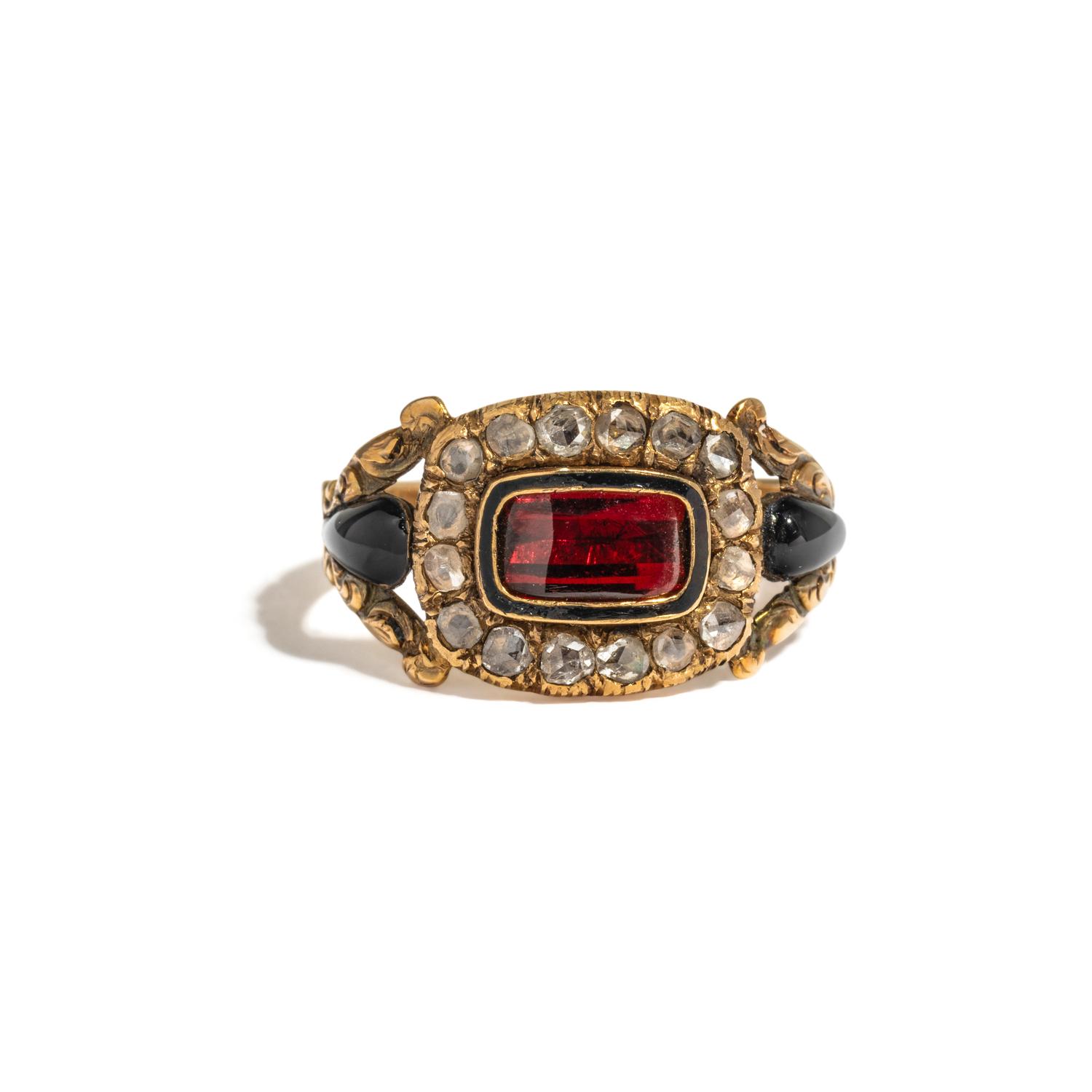 VICTORIAN, YELLOW GOLD, DIAMOND, ENAMEL AND GARNET MOURNING RING