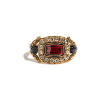 VICTORIAN, YELLOW GOLD, DIAMOND, ENAMEL AND GARNET MOURNING RING