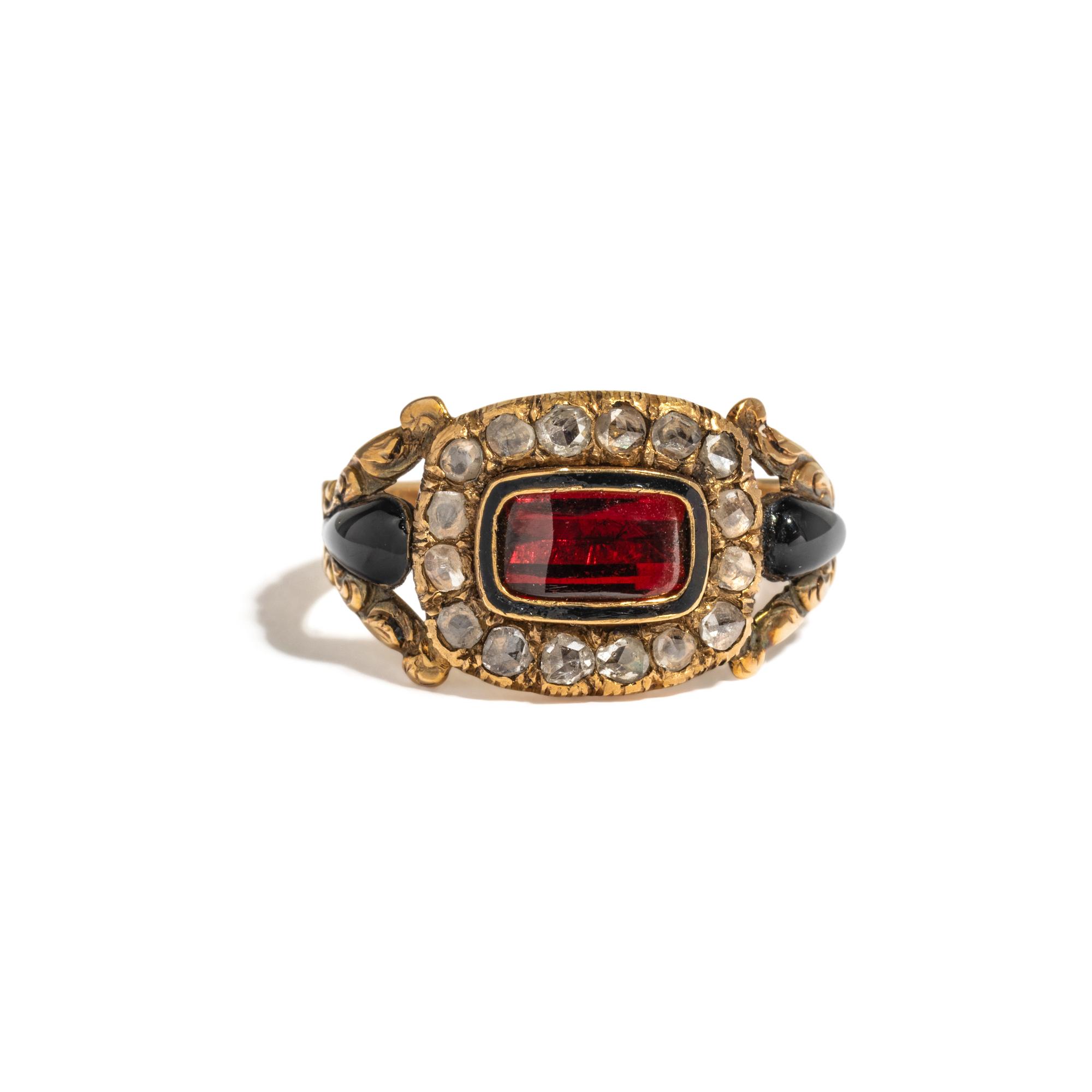 VICTORIAN, YELLOW GOLD, DIAMOND, ENAMEL AND GARNET MOURNING RING