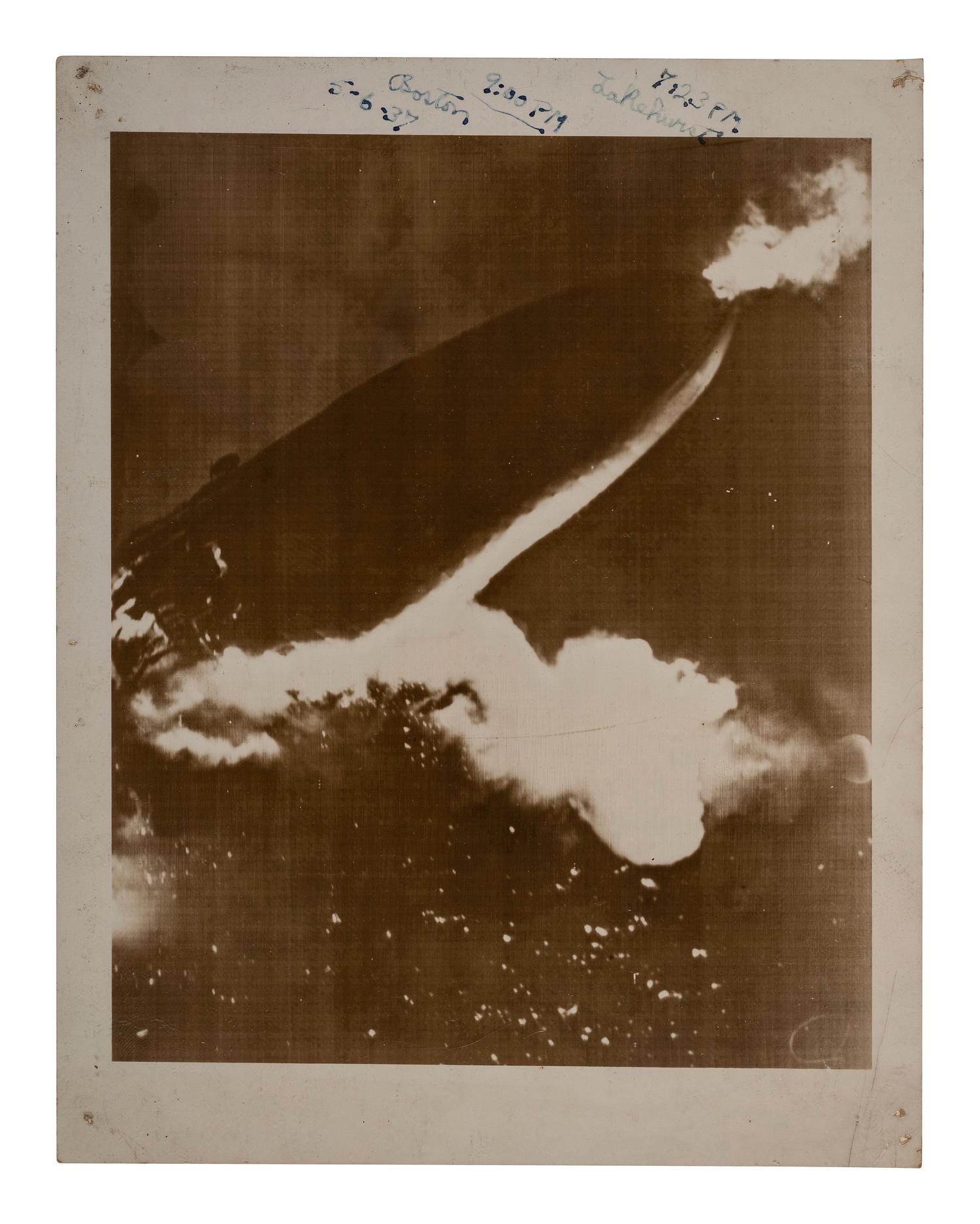 [AVIATION]. Press photograph capturing the explosion of the Hindenberg. Boston, MA: Wide World Photos, 6 May 1937.