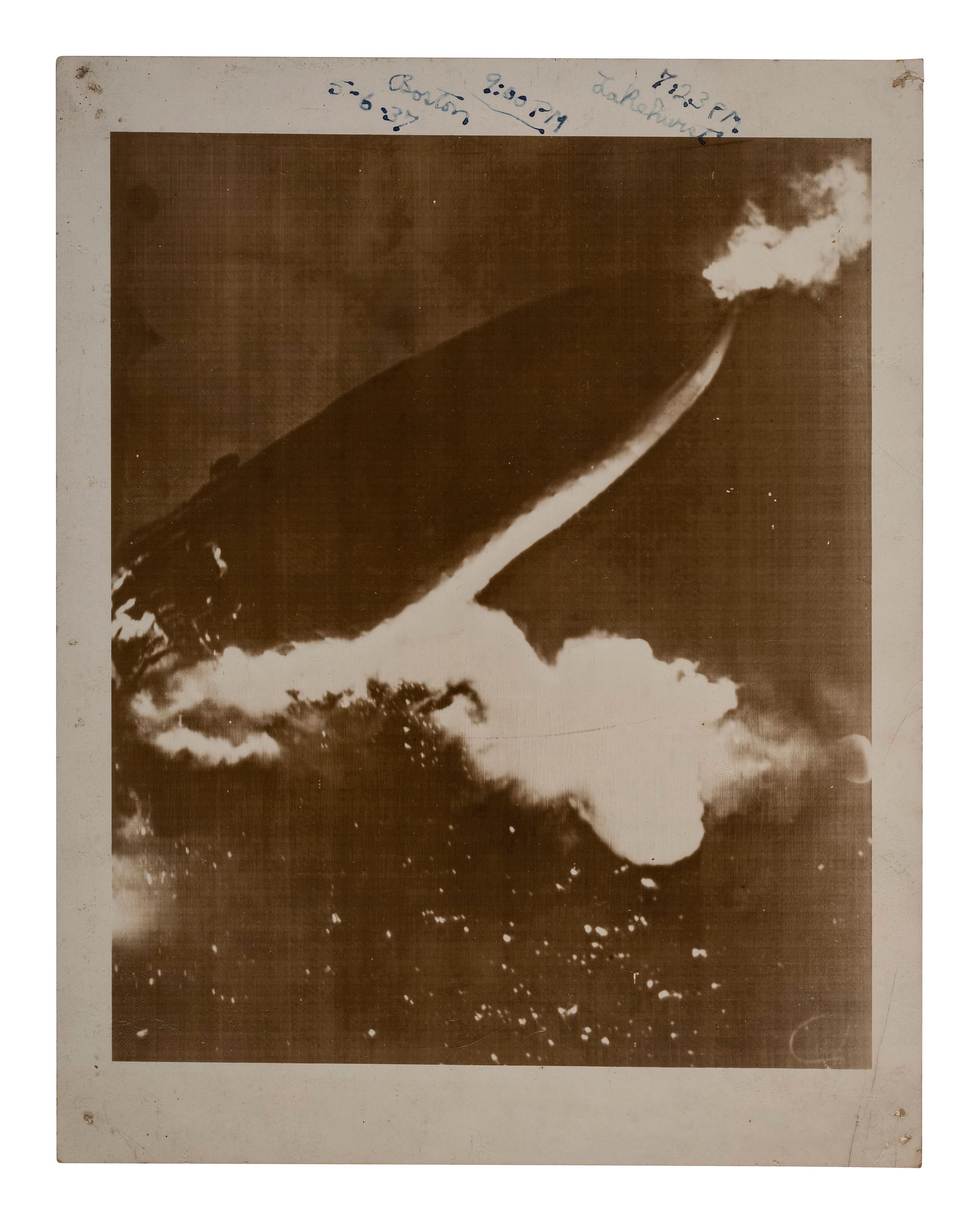 [AVIATION]. Press photograph capturing the explosion of the Hindenberg. Boston, MA: Wide World Photos, 6 May 1937.