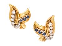 A Pair of Retro 18 Karat Yellow Gold, Platinum, Diamond, and Sapphire Earclips,
