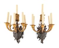 A Pair of French Neoclassical Gilt and Patinated Bronze Six-Light Wall Sconces