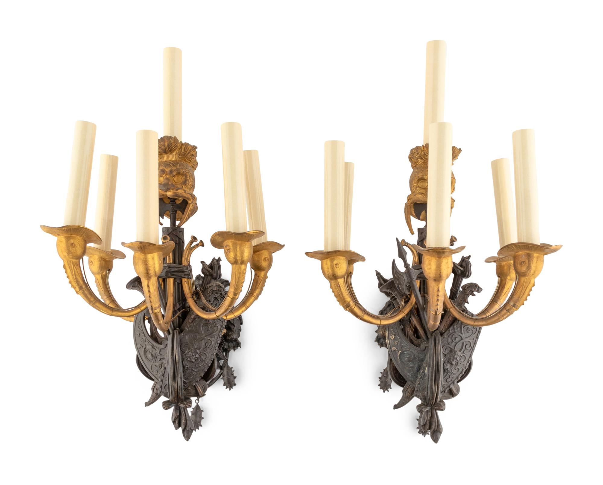 A Pair of French Neoclassical Gilt and Patinated Bronze Six-Light Wall Sconces