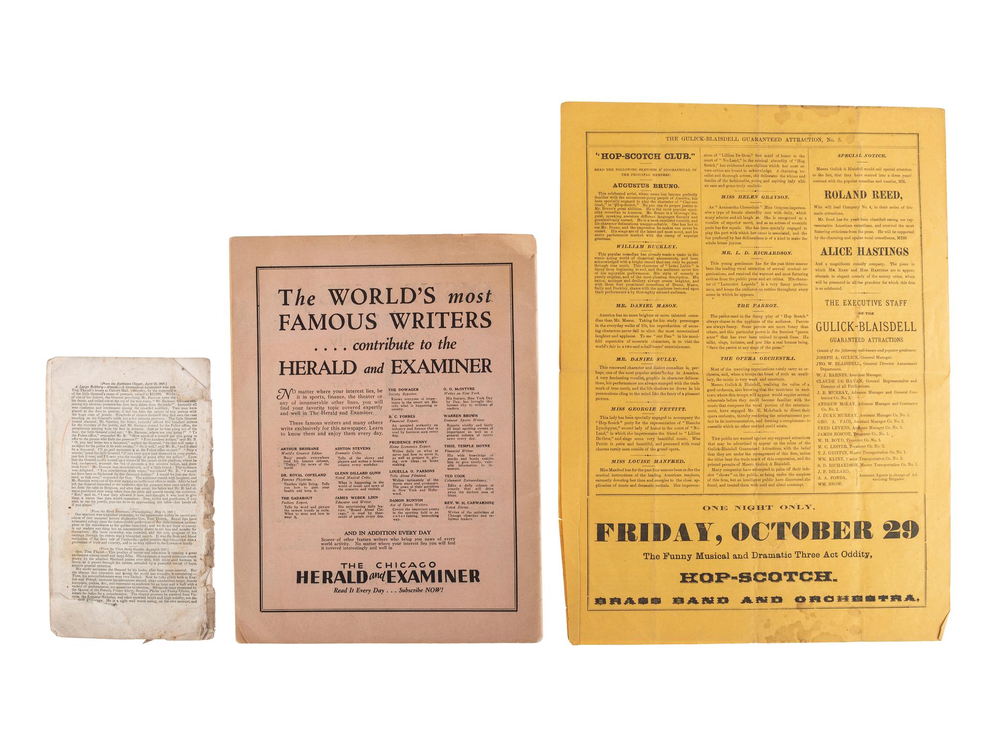 [CIRCUS] -- [SIDESHOWS]. A group of 4 items associated with unusual performing acts highlighted by a broadside advertising the "Illinois Giant Boy!" ca 1879.