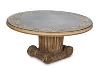 A Neoclassical Style Carved Wood Columnar Base Table with Gilt Decorated Smoke Glass Top