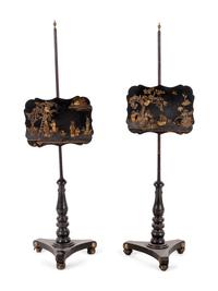 A Pair of Regency Black Lacquered and Chinoiserie Decorated Pole Screens