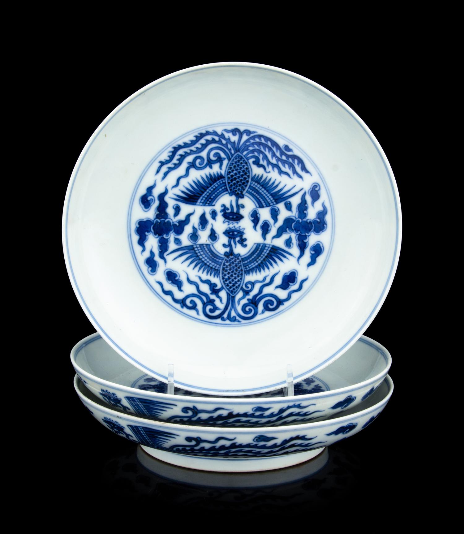 Three Chinese Blue and White Porcelain 'Phoenix' Plates
