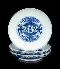 Three Chinese Blue and White Porcelain 'Phoenix' Plates