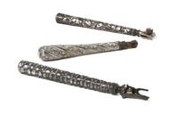 Three Silvered Metal Opera Glass Holders, Length of longest 6 3/4 inches (closed).