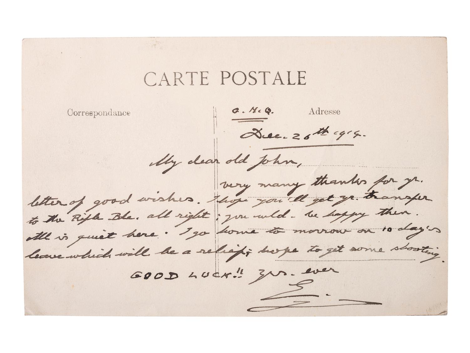 [ROYALTY]. WINDSOR, Edward, Duke of (1894-1972). Autograph postcard signed ("E"), as Prince of Wales, to "My dear old John." G.H.Q., 26 December 1914.