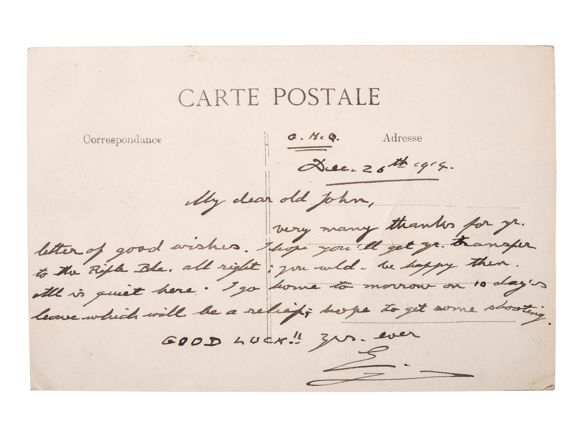 [ROYALTY]. WINDSOR, Edward, Duke of (1894-1972). Autograph postcard signed ("E"), as Prince of Wales, to "My dear old John." G.H.Q., 26 December 1914.