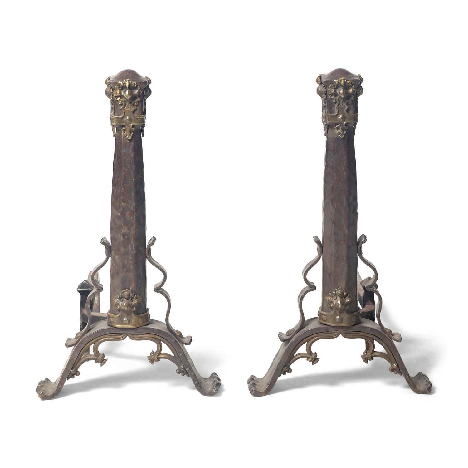 A Pair of Gothic Revival Iron and Bronze Andirons