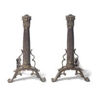 A Pair of Gothic Revival Iron and Bronze Andirons