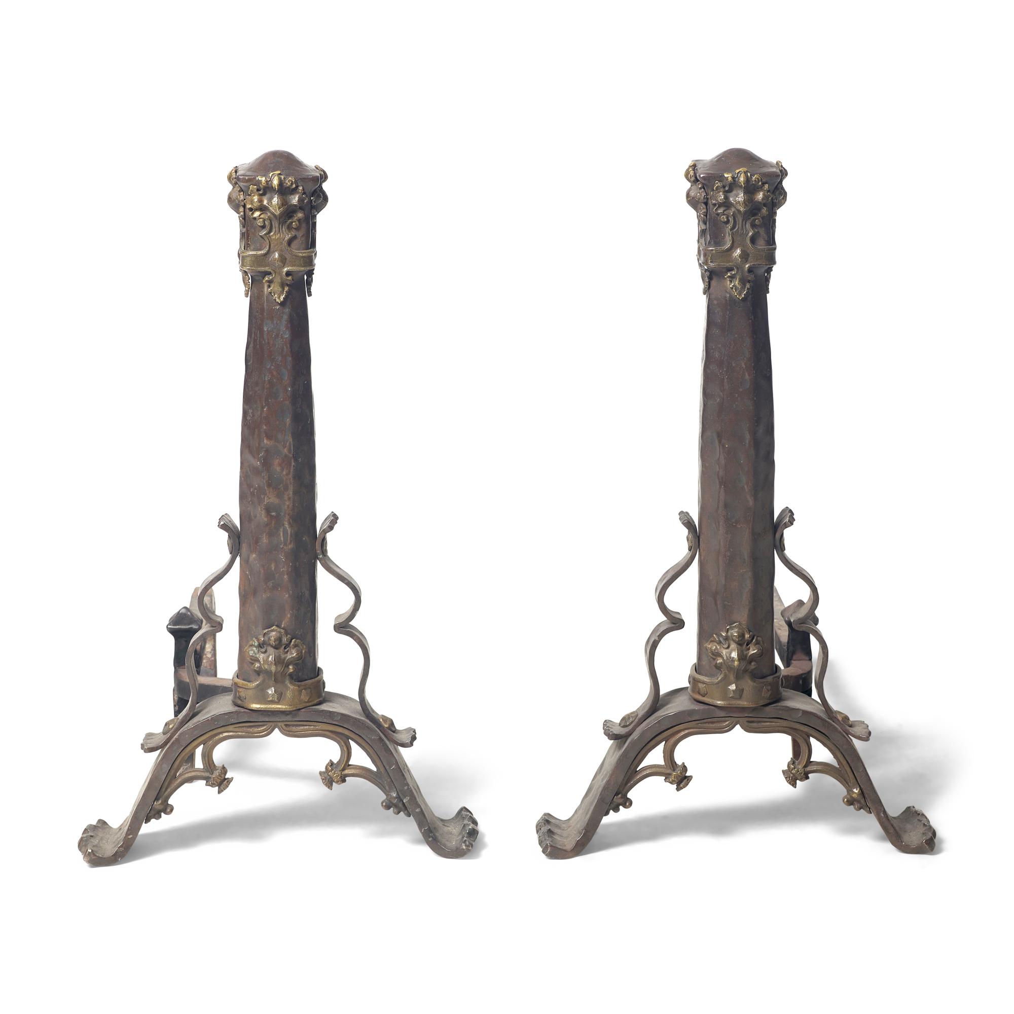 A Pair of Gothic Revival Iron and Bronze Andirons