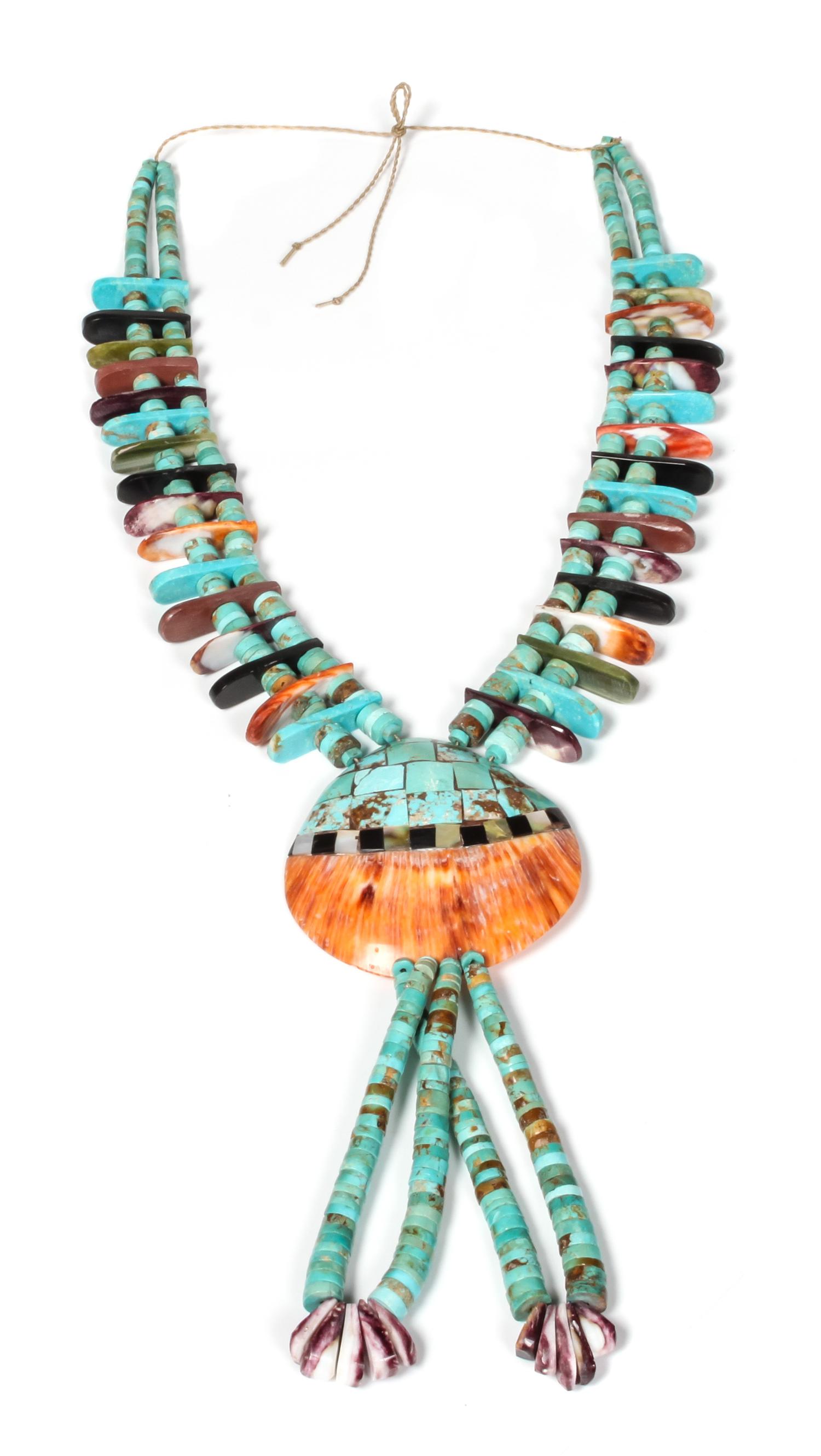 Santo Domingo Shell Inlay Necklace Length 28 inches. Pendant and joclas 8 1/4 inches