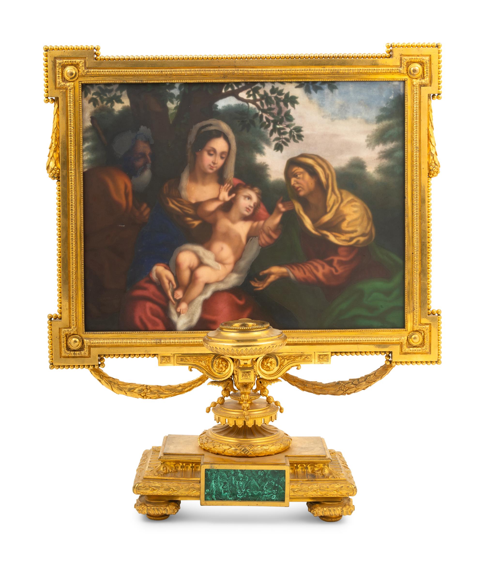 A Louis XVI Style Malachite-Inset Gilt Bronze Lamp with Pictorial Shade