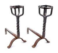 A Pair of Renaissance Revival Wrought Iron Andirons