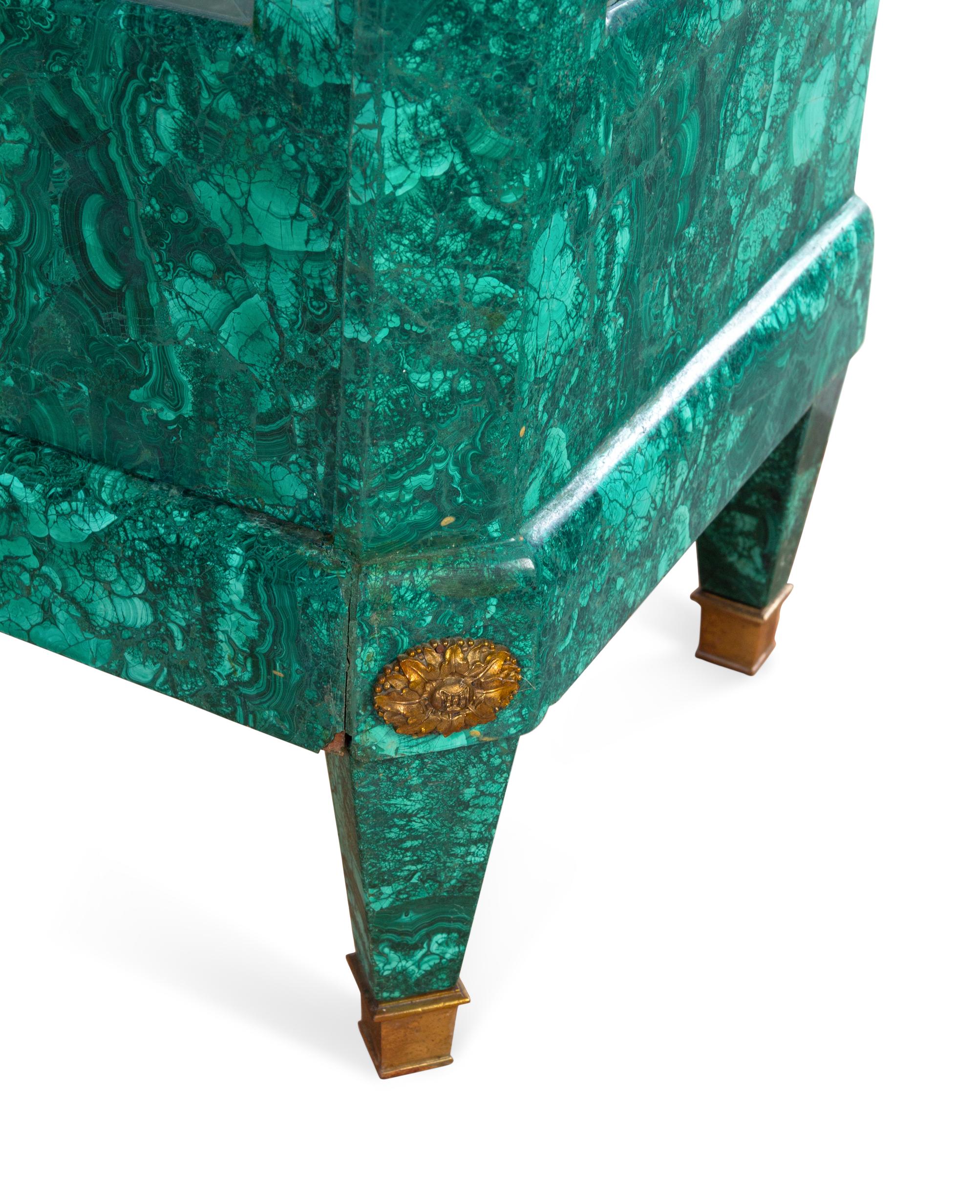 A Louis XV Style Gilt Metal Mounted Malachite Veneered Vitrine Cabinet