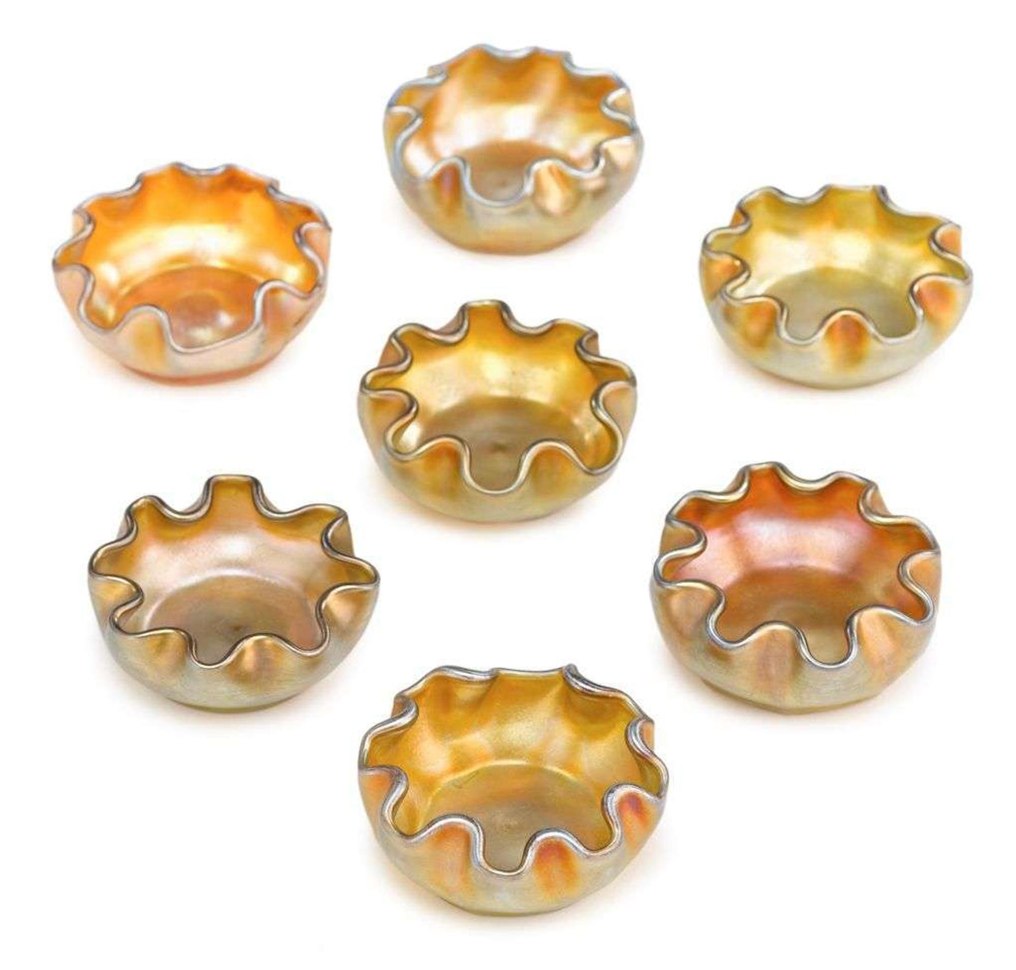 Set of seven Favrile Glass salts tiffany studios, new york, ny, early 20th century
