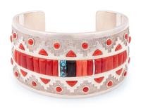 Sterling Silver Cuff Bracelet, with Coral and Turquoise Inlay