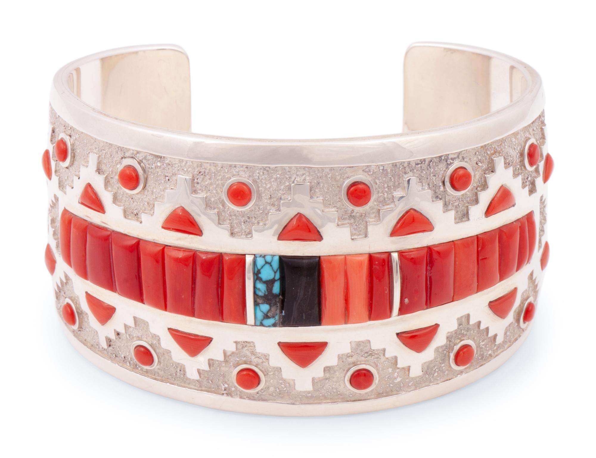 Sterling Silver Cuff Bracelet, with Coral and Turquoise Inlay