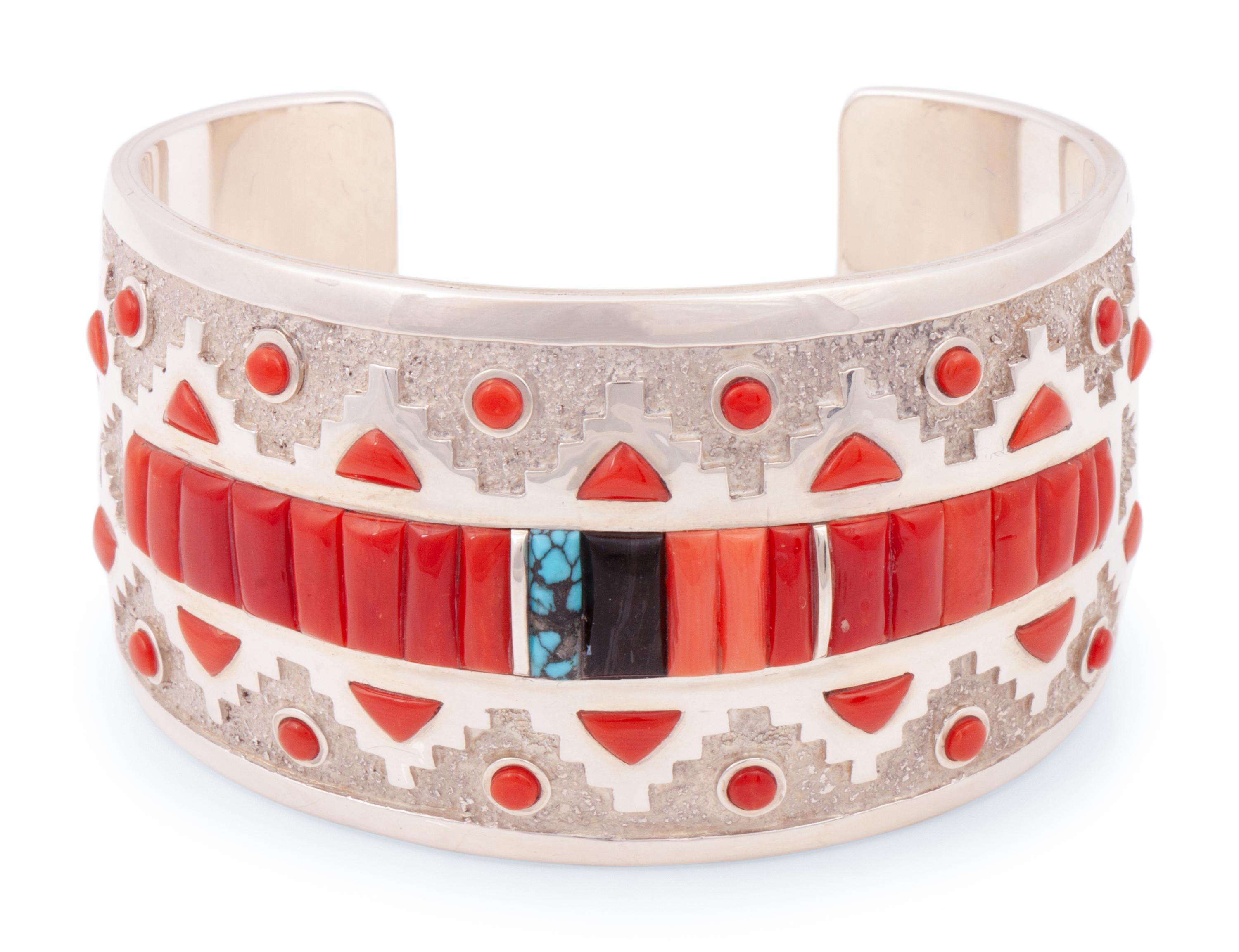 Sterling Silver Cuff Bracelet, with Coral and Turquoise Inlay