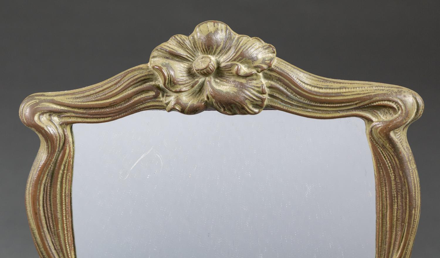 An Art Nouveau Bronze Mounted Glass Inkwell and Wall Mirror