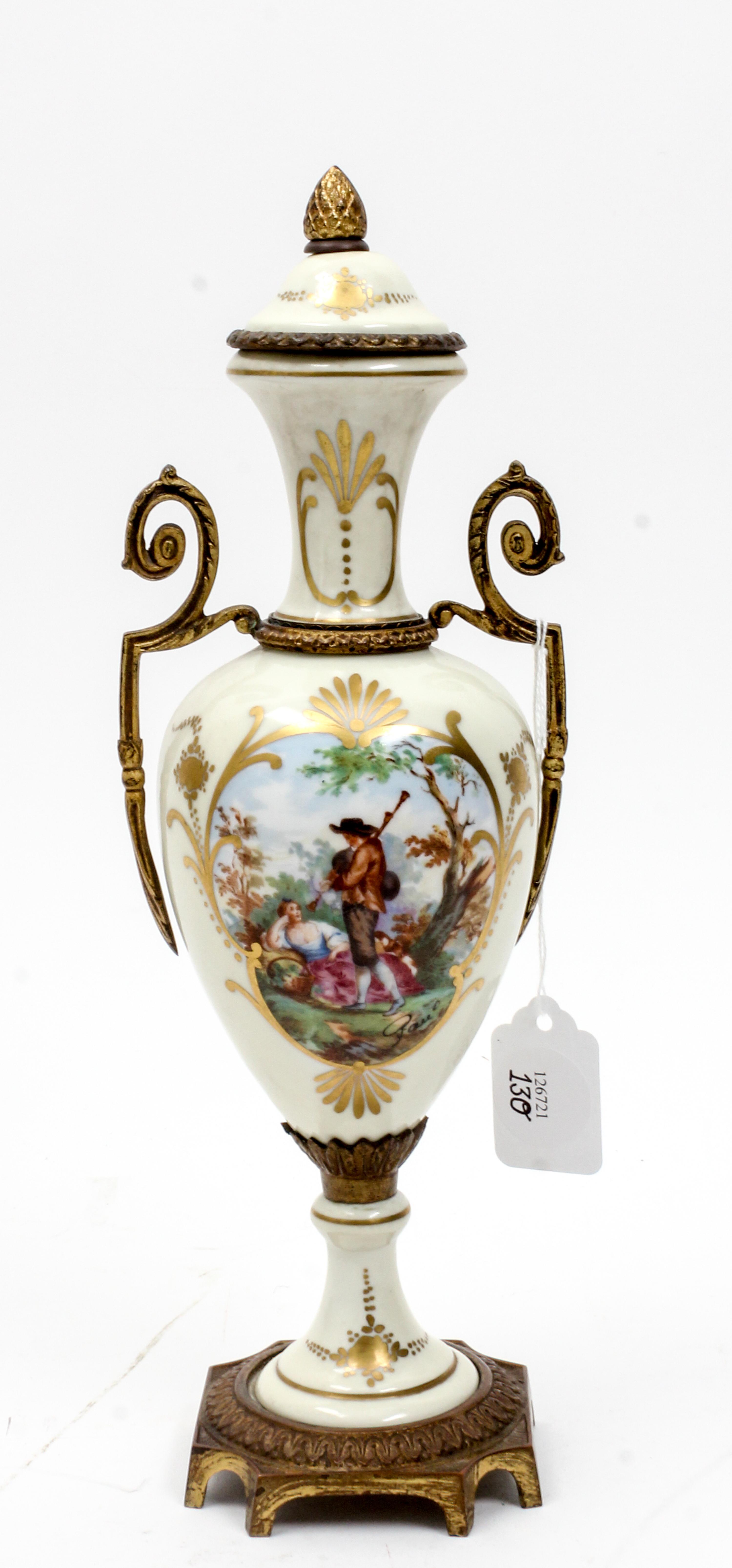 A French Gilt Metal Mounted Porcelain Urn Height 14 1/4 inches. — 20TH CENTURY