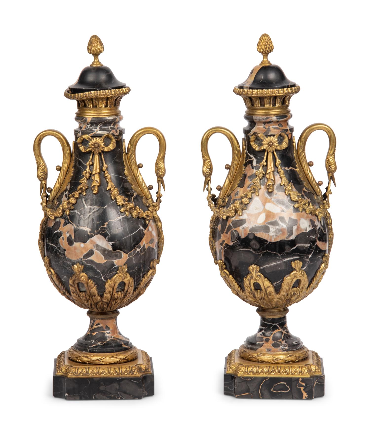 A Pair of French Gilt Bronze Mounted Marble Urns