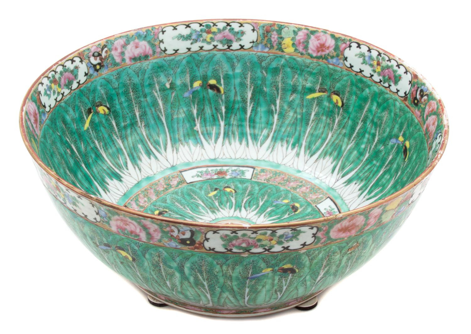 A Chinese Export Famille Verte Punch Bowl Height 6 1/2 x diameter 15 inches.
