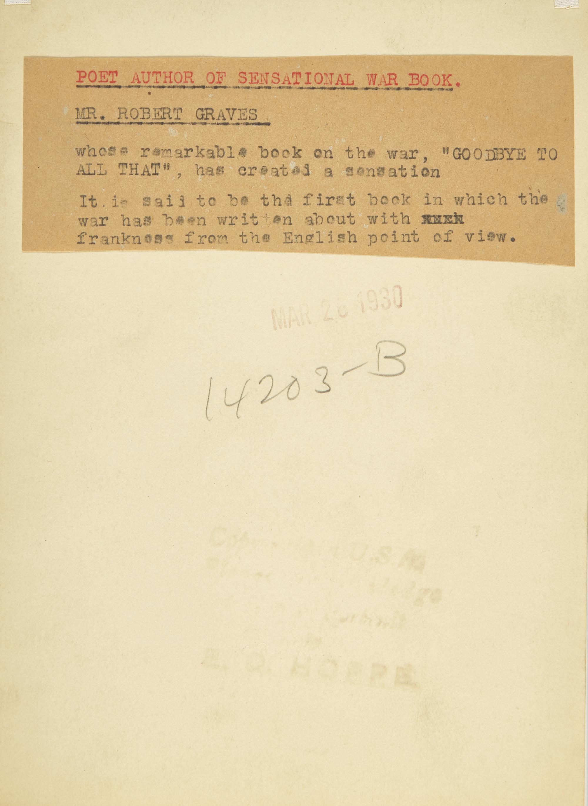 [Literature] [Graves, Robert] Hoppe, Emil Otto. Portrait Photograph
