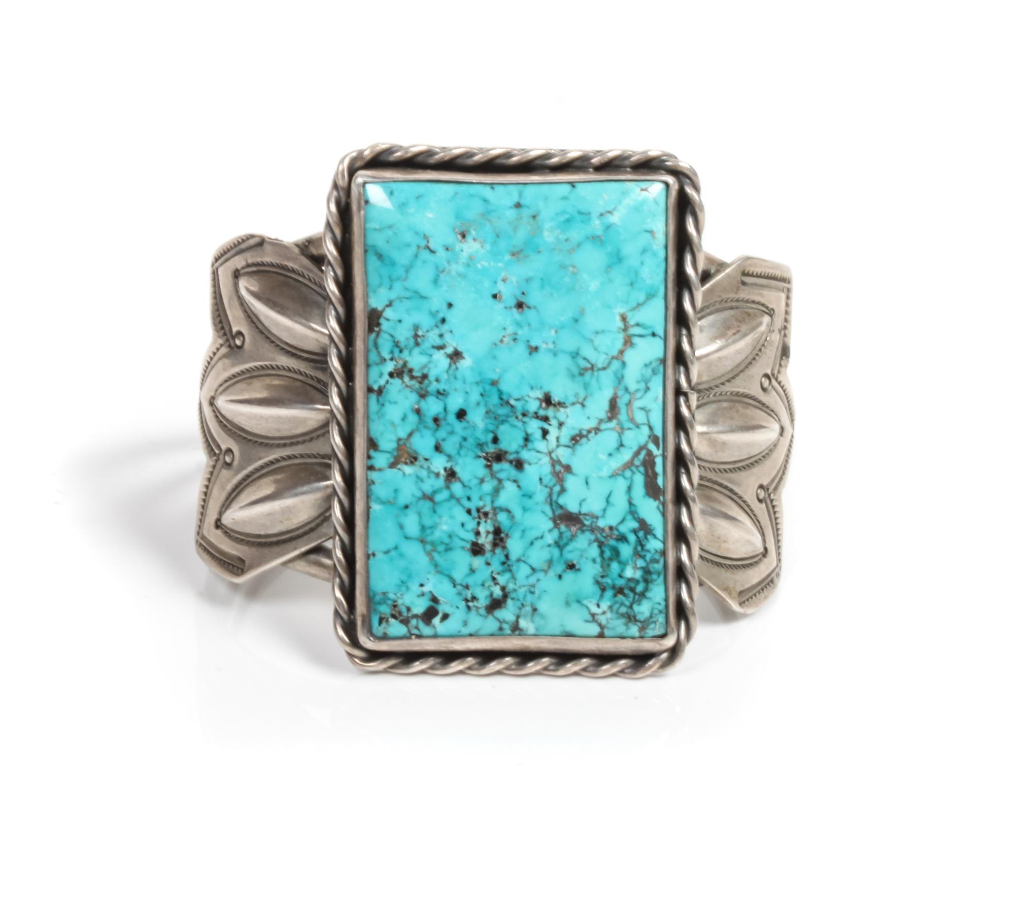 Navajo Silver and Turquoise Bracelet Length 5 3/4 x opening 1 3/8 x width 2 3/8 inches