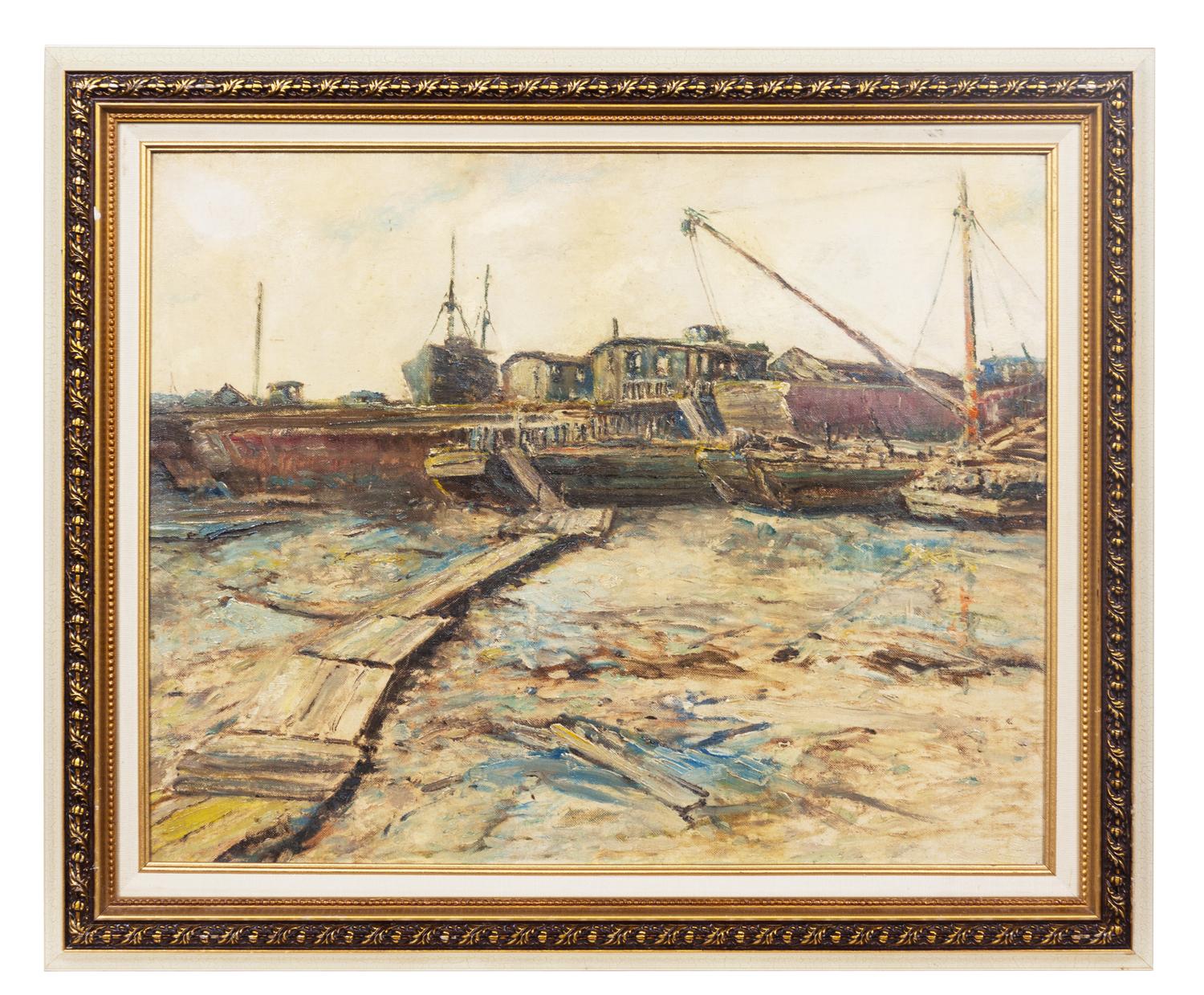 American School (20th century) Industrial Shoreline oil on…