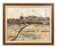 American School (20th century) Industrial Shoreline oil on…