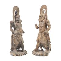 A Pair of Large Japanese Carved Wood Temple Guardians, 19th Century — 日本十九世紀 木雕天王像一對
