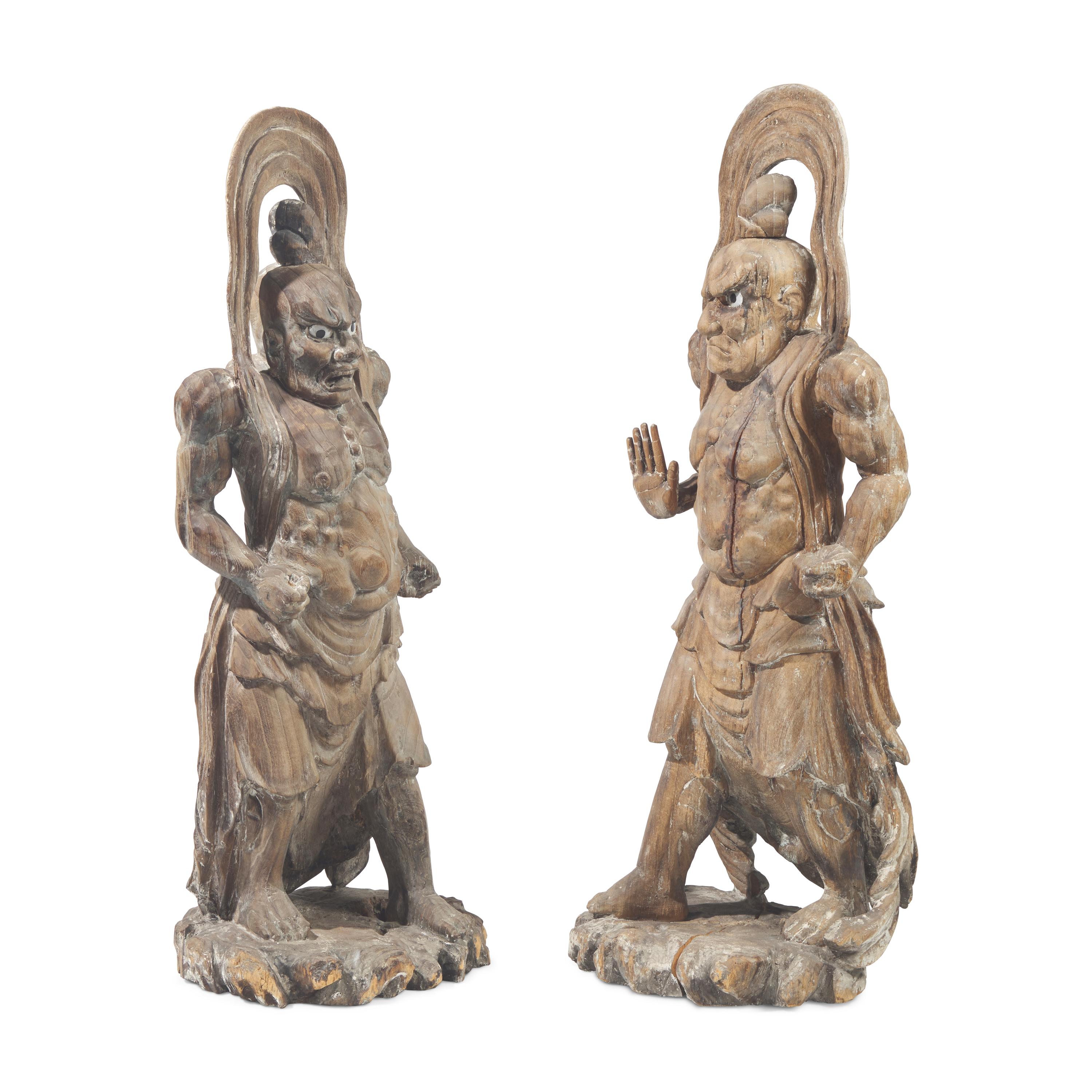 A Pair of Large Japanese Carved Wood Temple Guardians, 19th Century — 日本十九世紀 木雕天王像一對